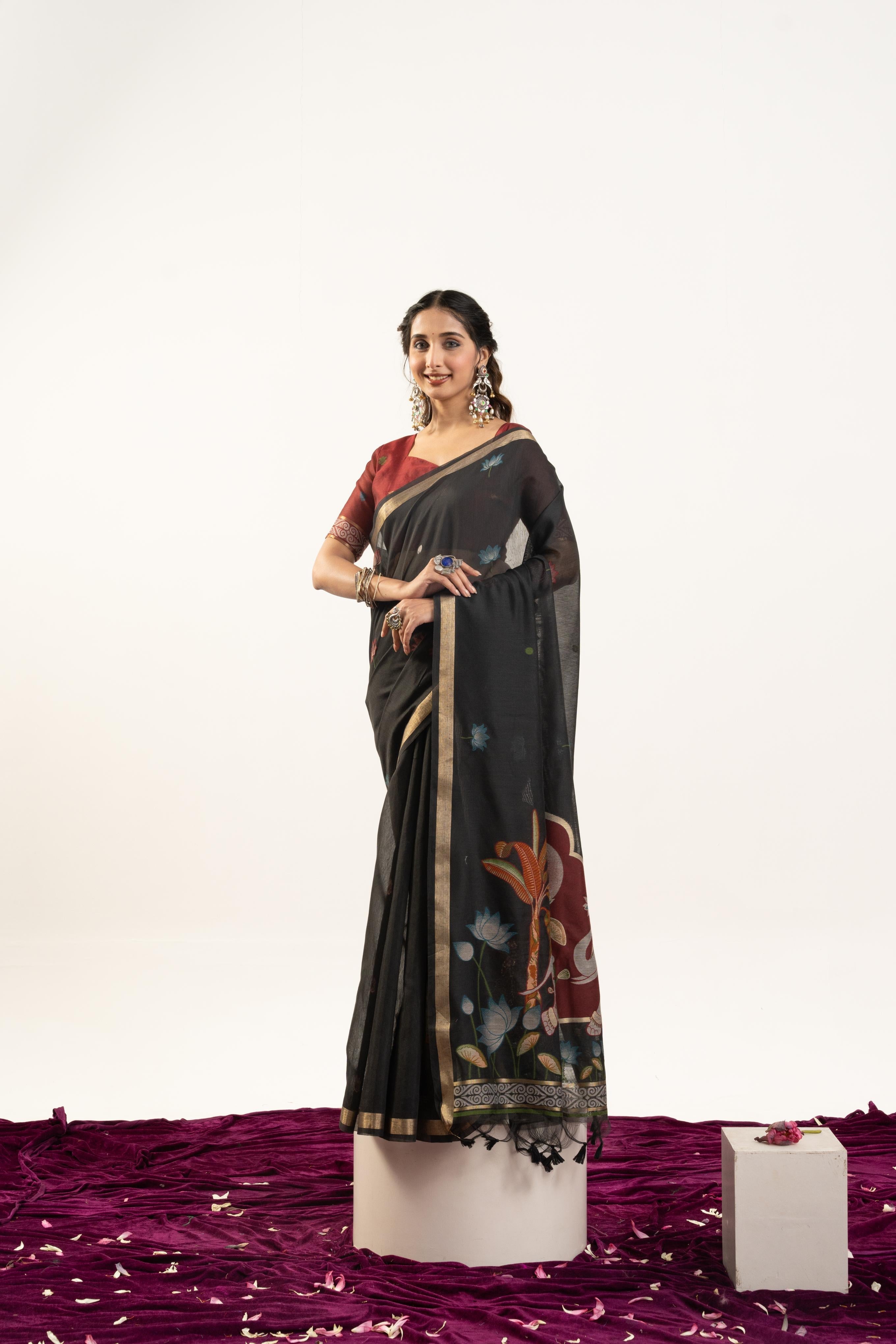 Black Soft Muga Cotton Saree with Zari Butties & Blouse