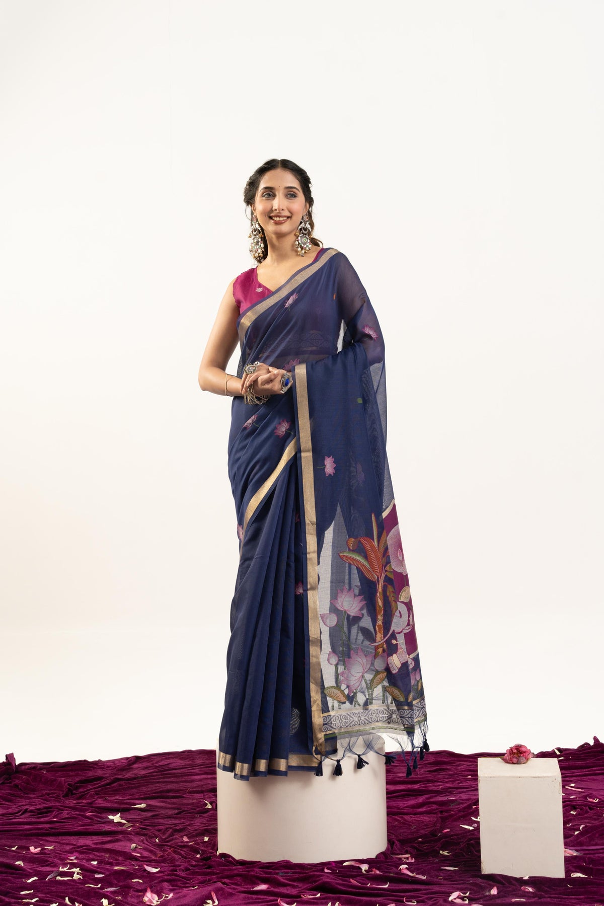 Navy Blue Muga Cotton saree with Zari woven butties and matching blouse