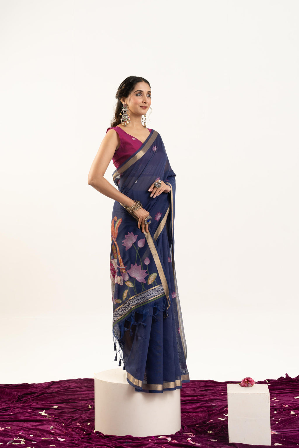 Navy Blue Soft Muga Cotton Zari Woven Saree with Blouse
