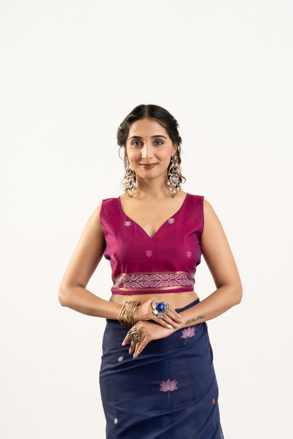 Navy Blue Soft Muga Cotton Zari Woven Saree with Blouse