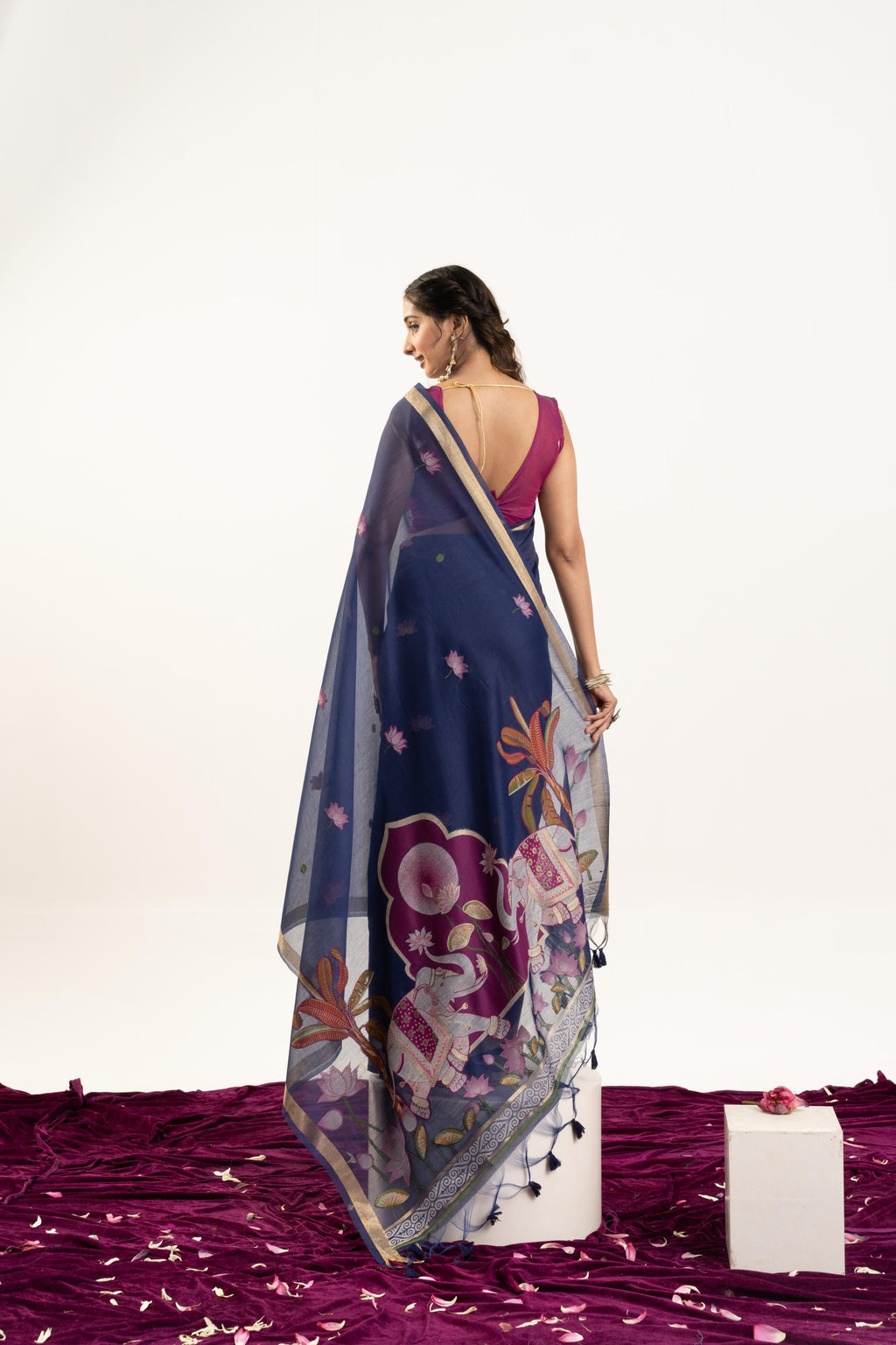 Navy Blue Soft Muga Cotton Zari Woven Saree with Blouse