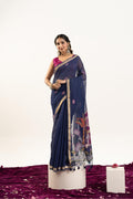 Navy Blue Soft Muga Cotton Zari Woven Saree with Blouse
