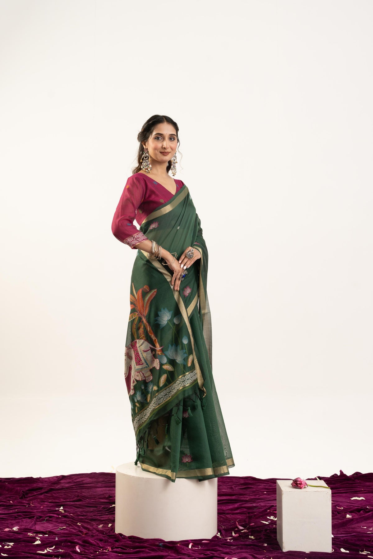Bottle Green Soft Muga Cotton Zari Woven Butties Saree
