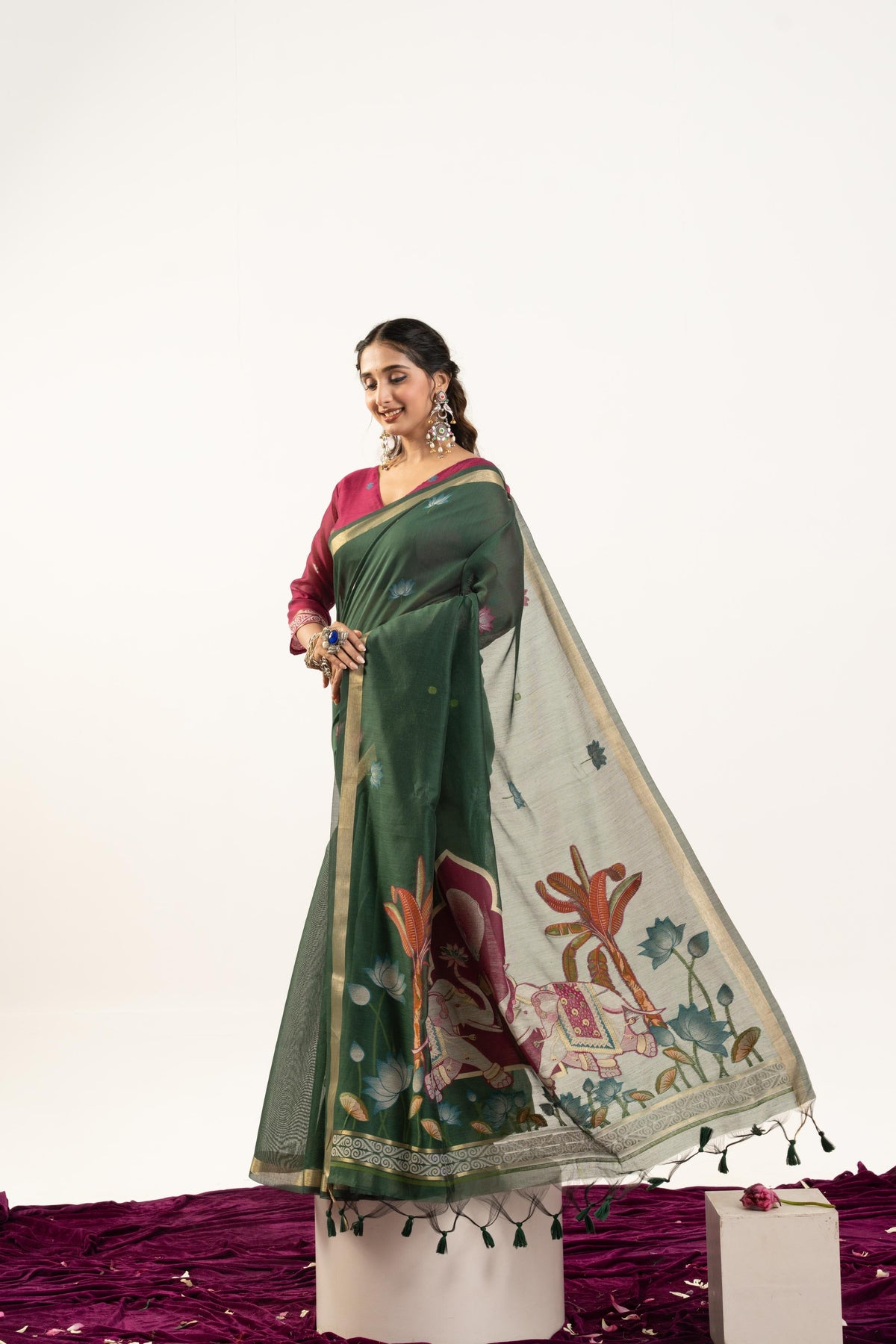 Bottle Green Soft Muga Cotton Zari Woven Butties Saree