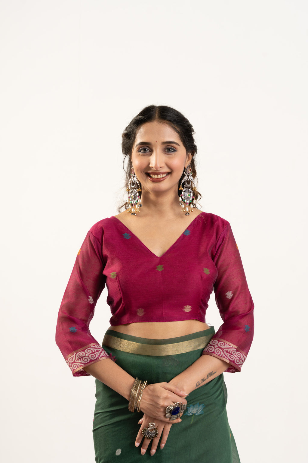 Bottle Green Soft Muga Cotton Zari Woven Butties Saree