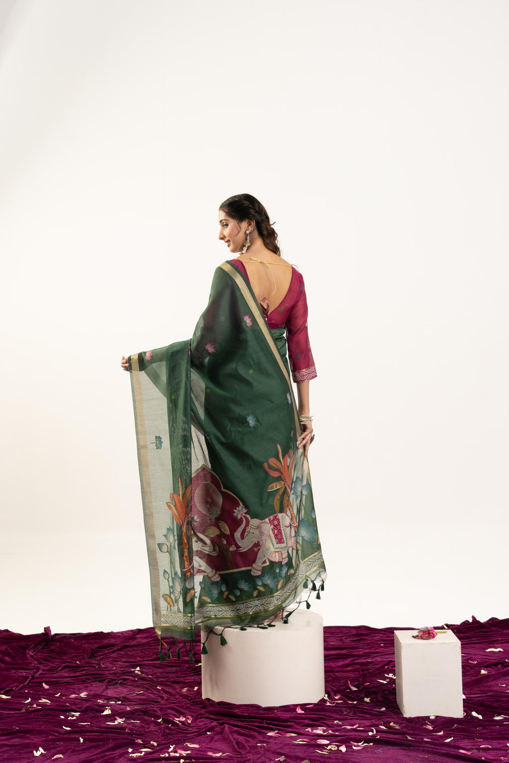 Bottle Green Soft Muga Cotton Zari Woven Butties Saree