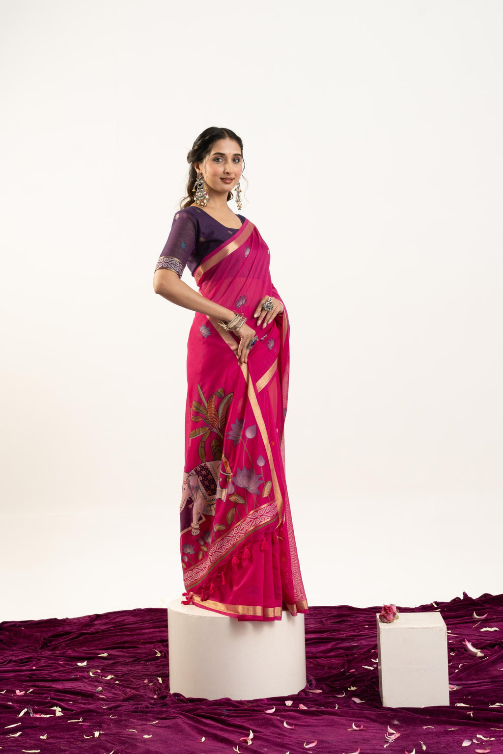 Pink Muga Cotton Saree with Zari Woven Butties and Blouse Piece