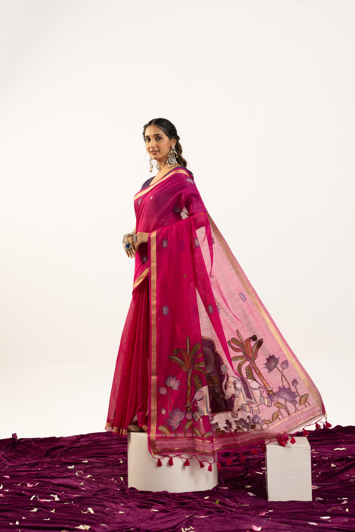 Pink Muga Cotton Saree with Zari Woven Butties and Blouse Piece
