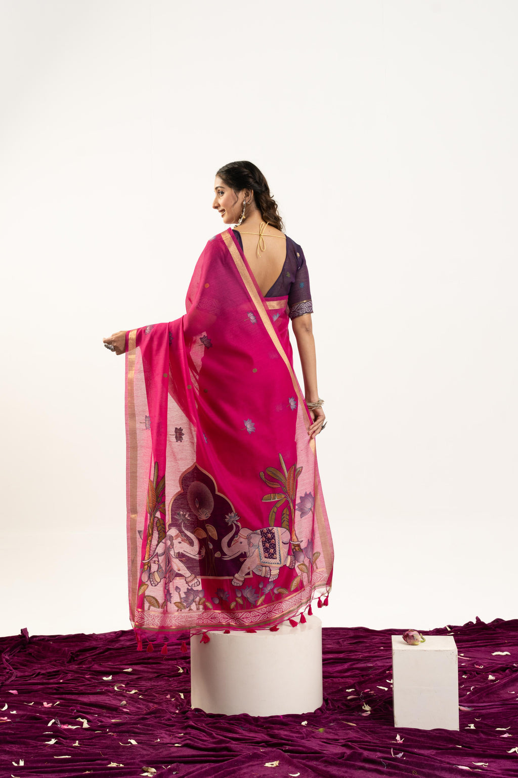 Pink Muga Cotton Saree with Zari Woven Butties and Blouse Piece