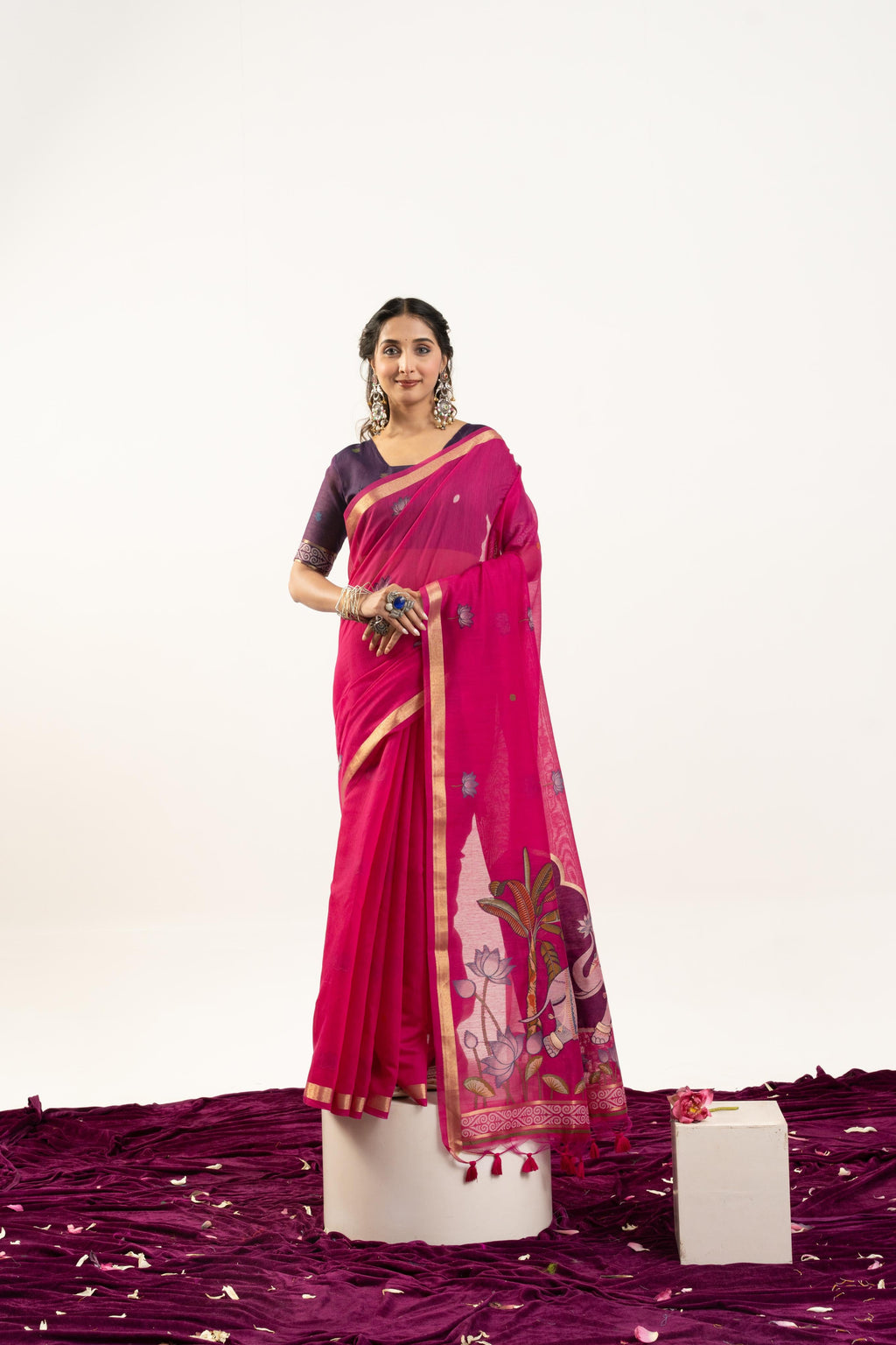 Pink Muga Cotton Saree with Zari Woven Butties and Blouse Piece