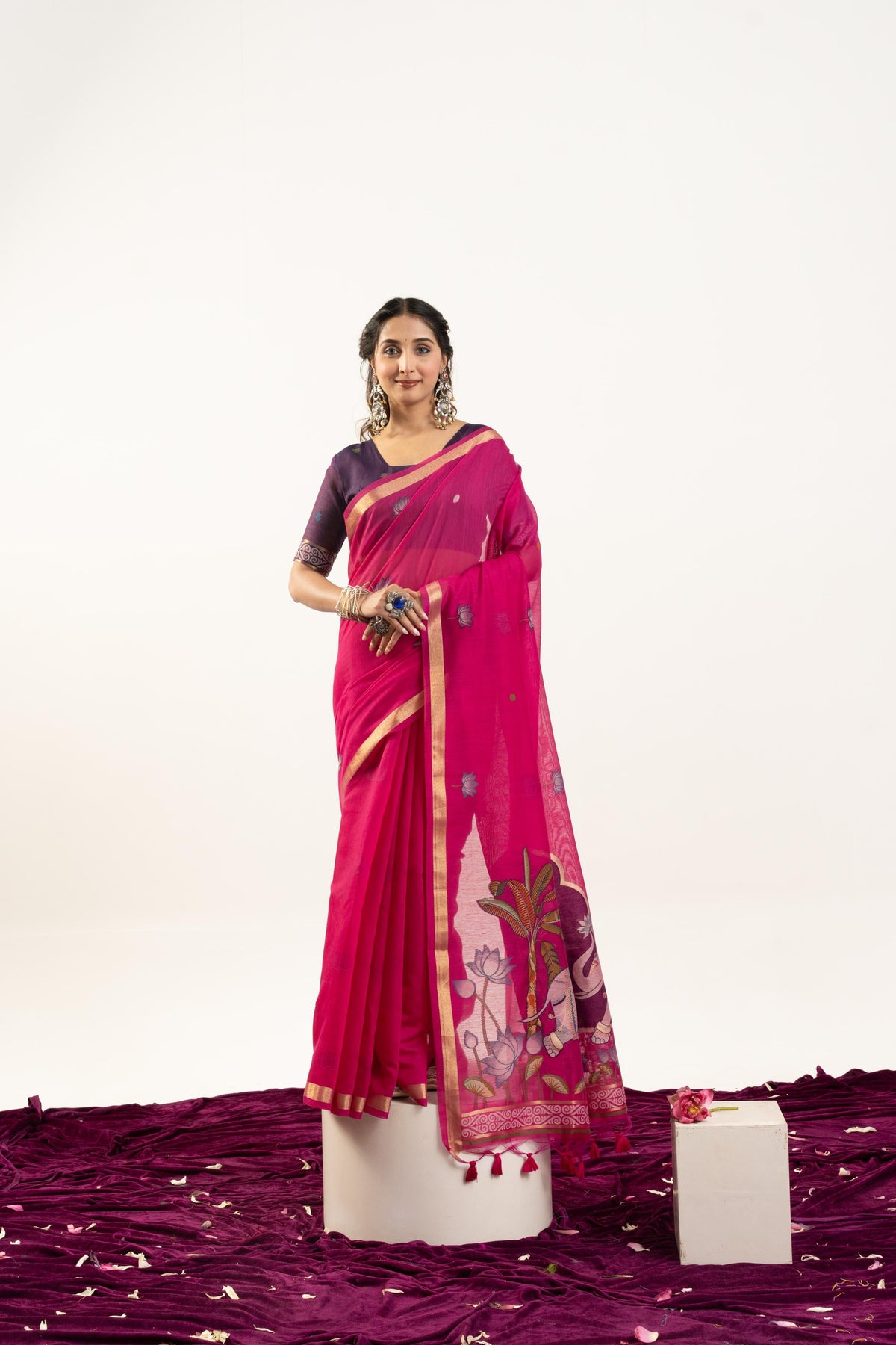Pink Muga Cotton Saree with Zari Woven Butties and Blouse Piece
