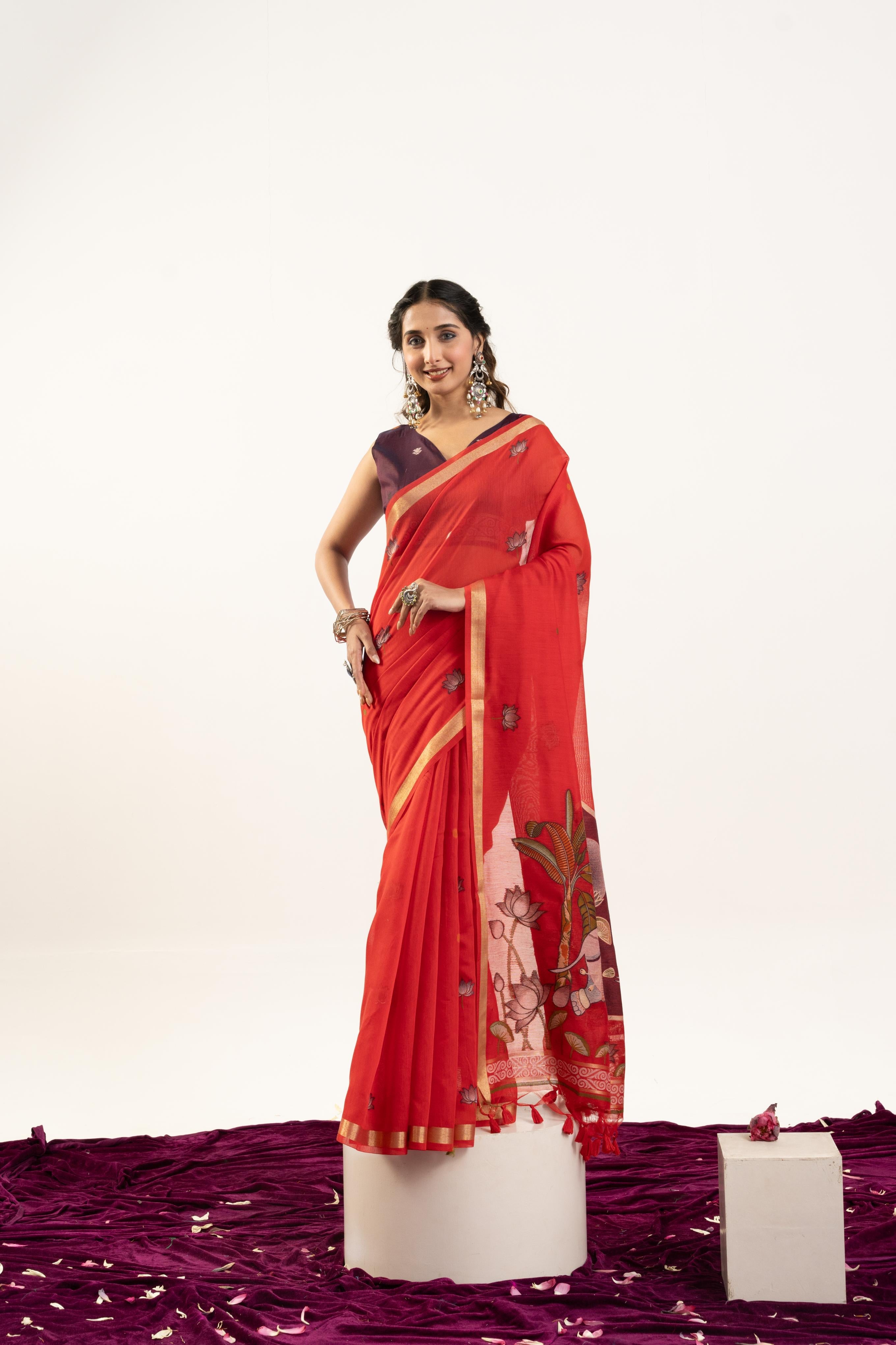 Women's Red Soft Muga Cotton Zari Woven Saree with Unstitched Blouse