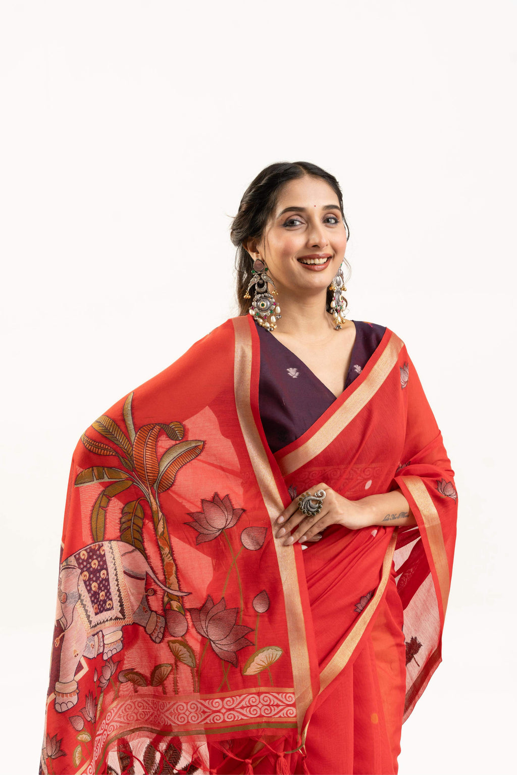 Women's Red Soft Muga Cotton Zari Woven Saree with Unstitched Blouse