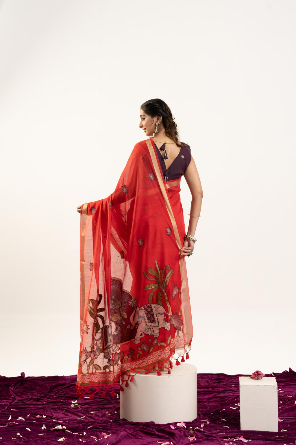 Women's Red Soft Muga Cotton Zari Woven Saree with Unstitched Blouse