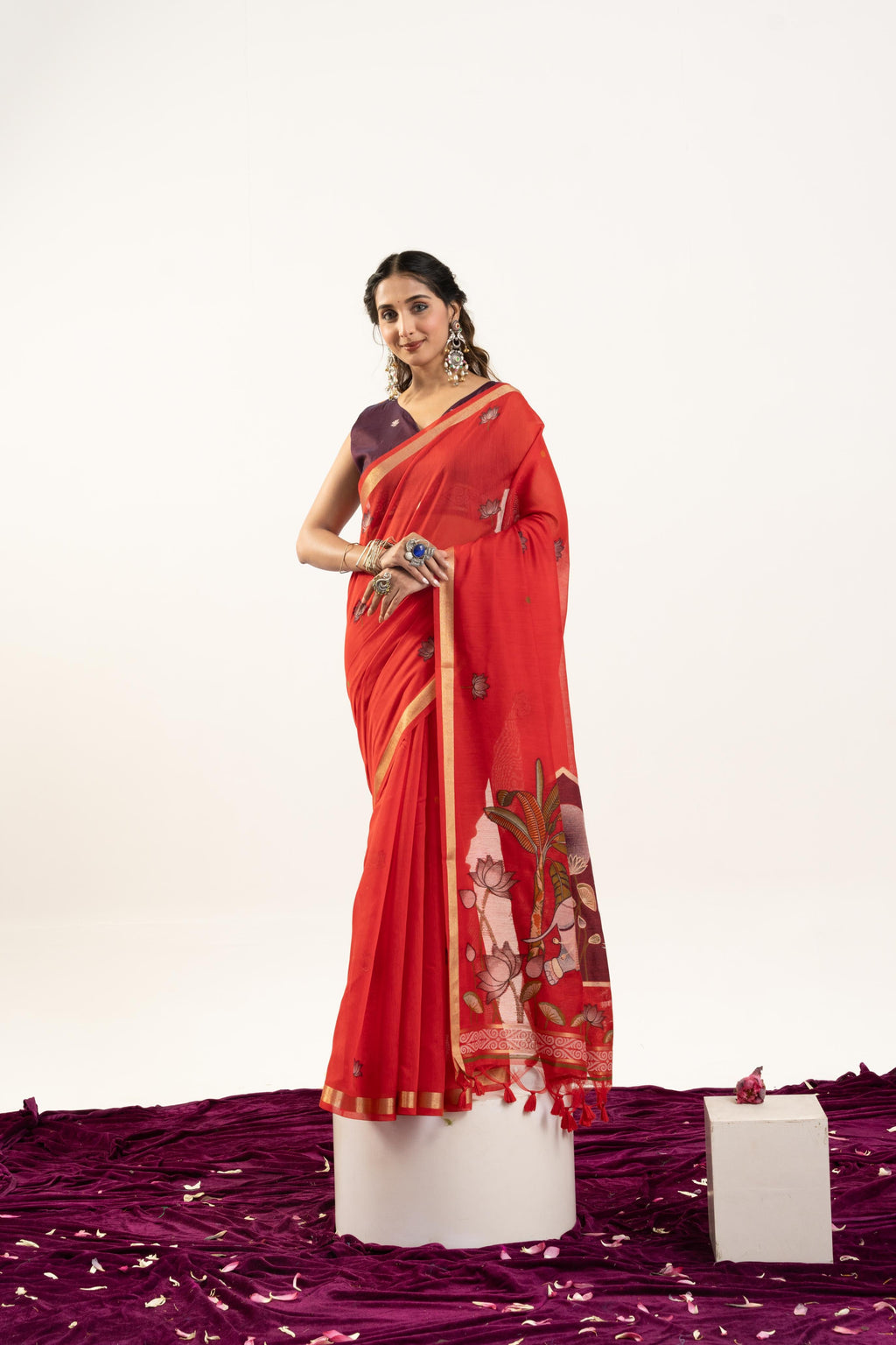 Women's Red Soft Muga Cotton Zari Woven Saree with Unstitched Blouse