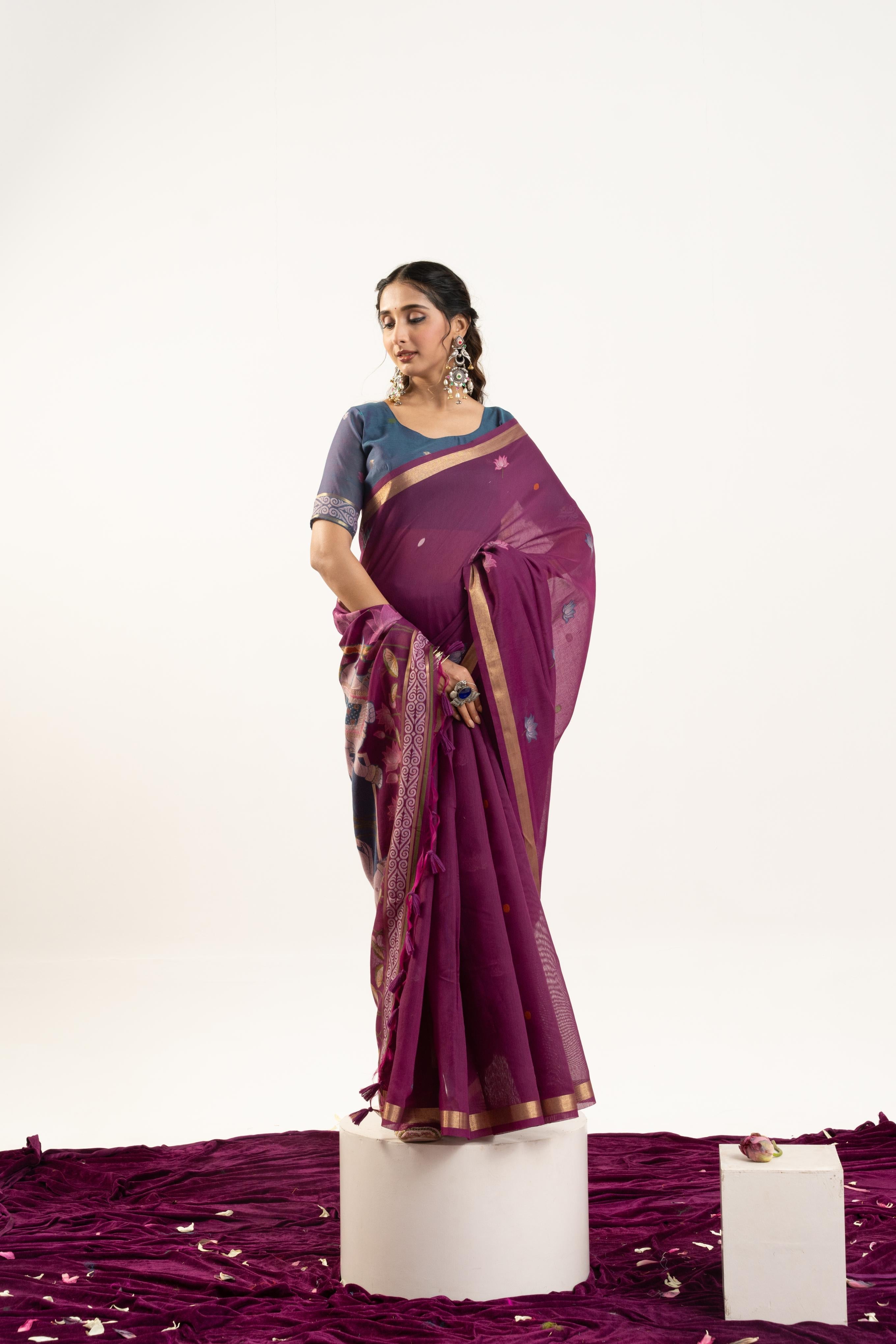Wine Soft Muga Cotton Zari Woven Butties Saree with Blouse