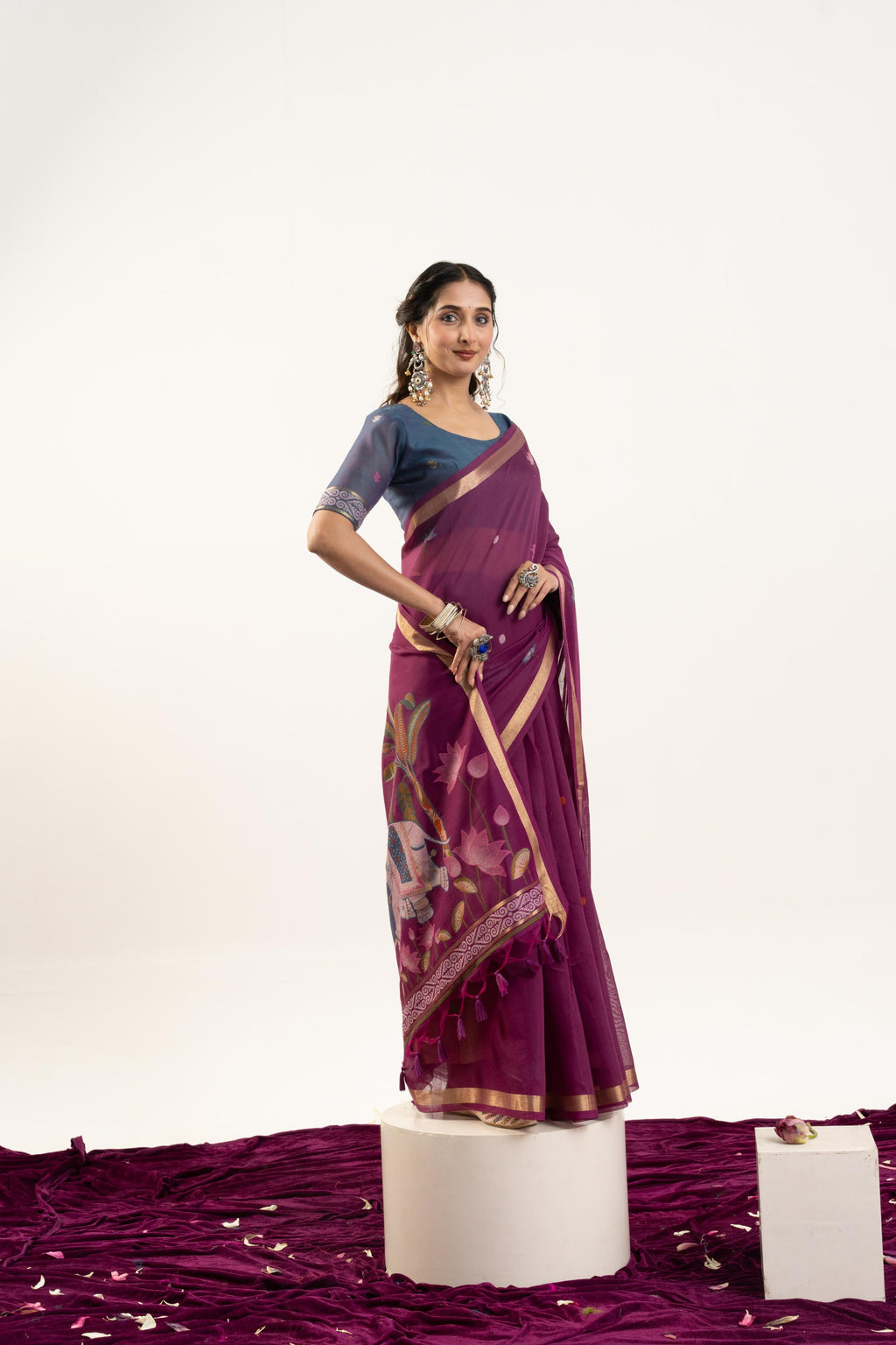 Wine Soft Muga Cotton Zari Woven Butties Saree with Blouse