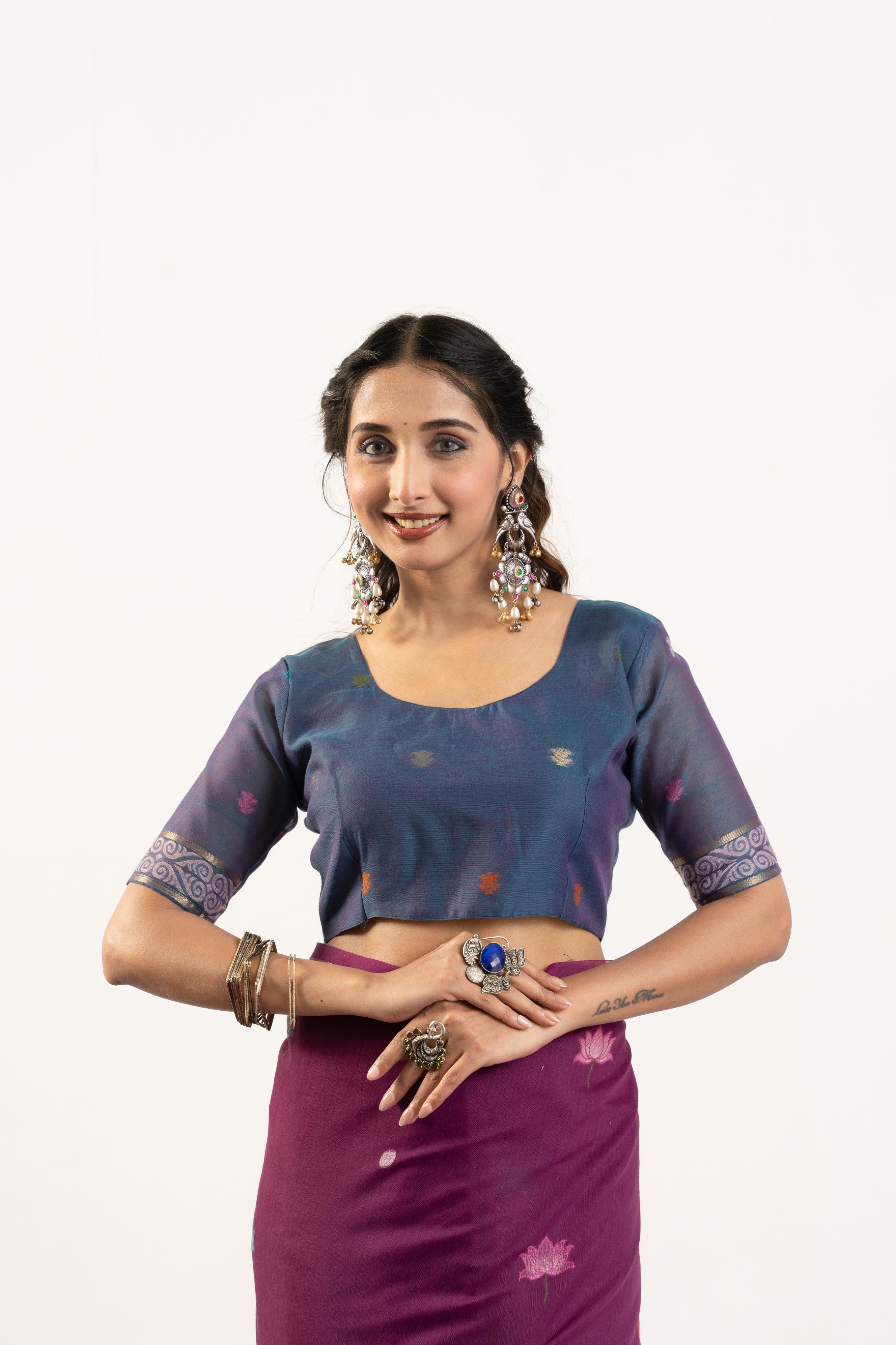Wine Soft Muga Cotton Zari Woven Butties Saree with Blouse