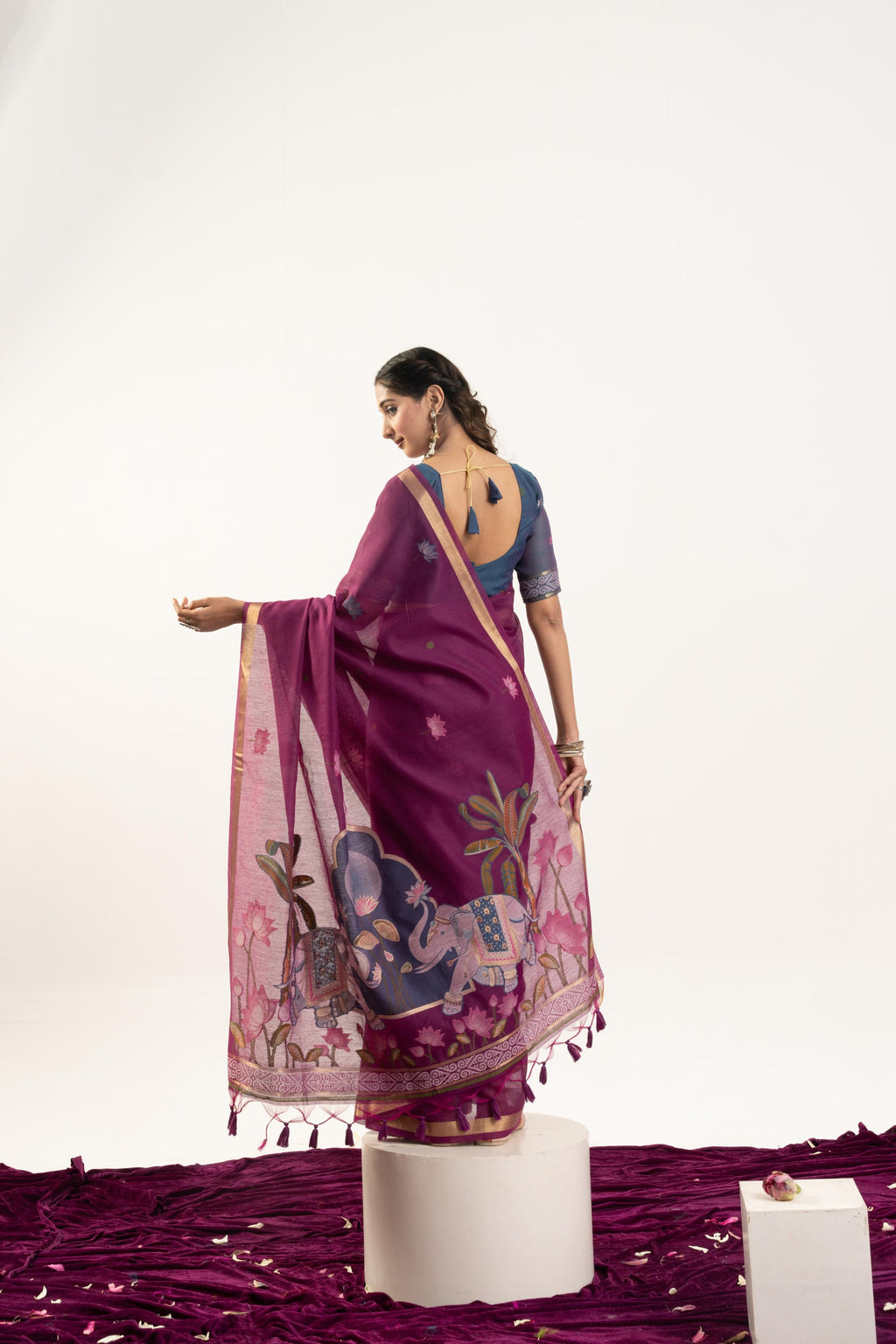 Wine Soft Muga Cotton Zari Woven Butties Saree with Blouse