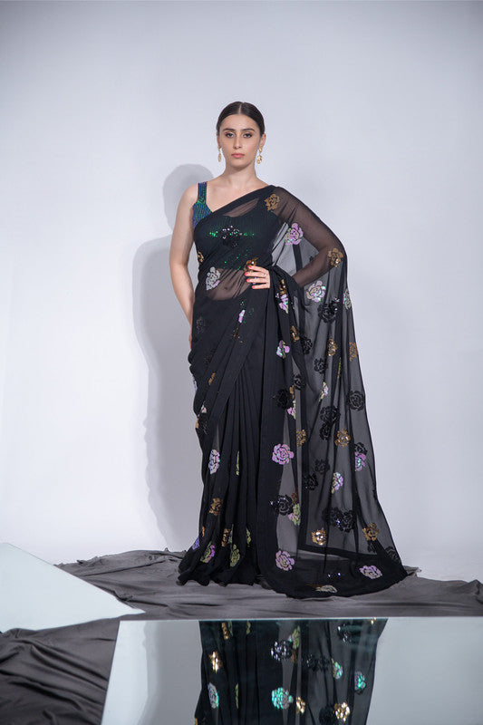 Women's Black Georgette Saree with Sequence Work and Blouse