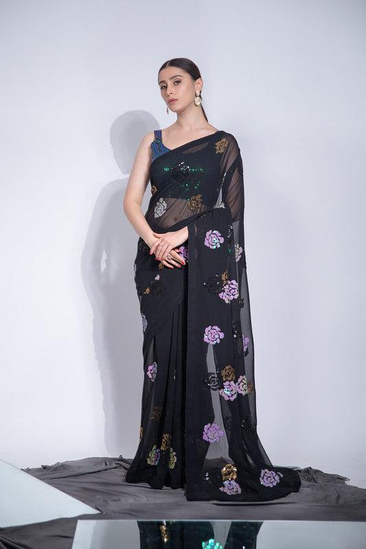 Women's Black Georgette Saree with Sequence Work and Blouse