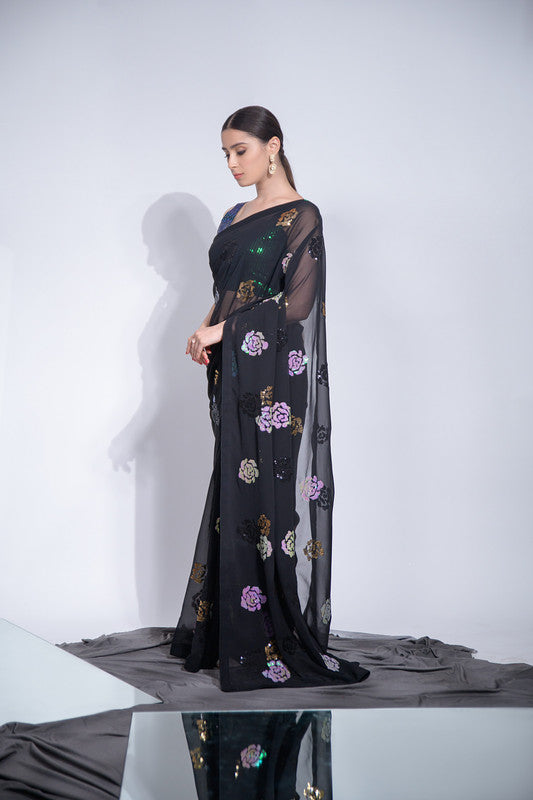 Women's Black Georgette Saree with Sequence Work and Blouse