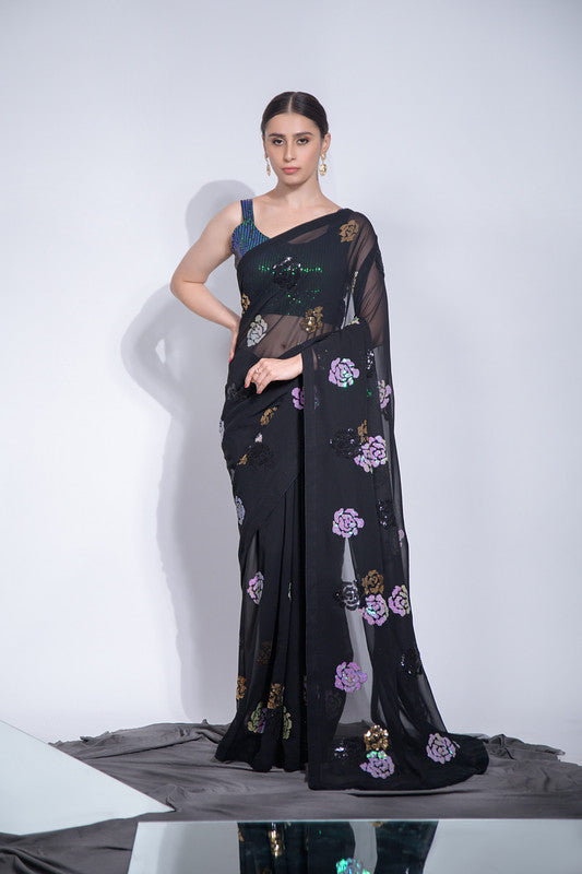 Elegant black georgette saree with sequence work and matching blouse