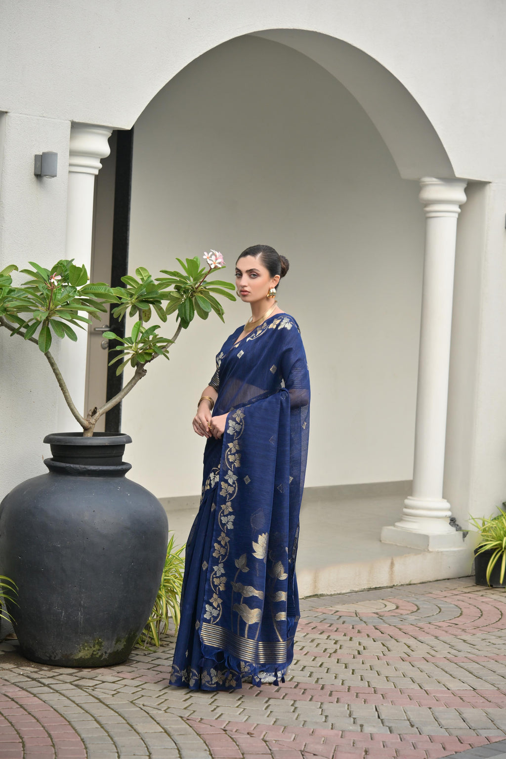 Navy Blue Soft Jute Linen Silk Zari Woven Saree with Blouse