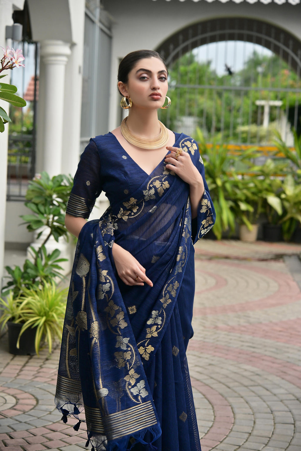 Navy Blue Soft Jute Linen Silk Zari Woven Saree with Blouse