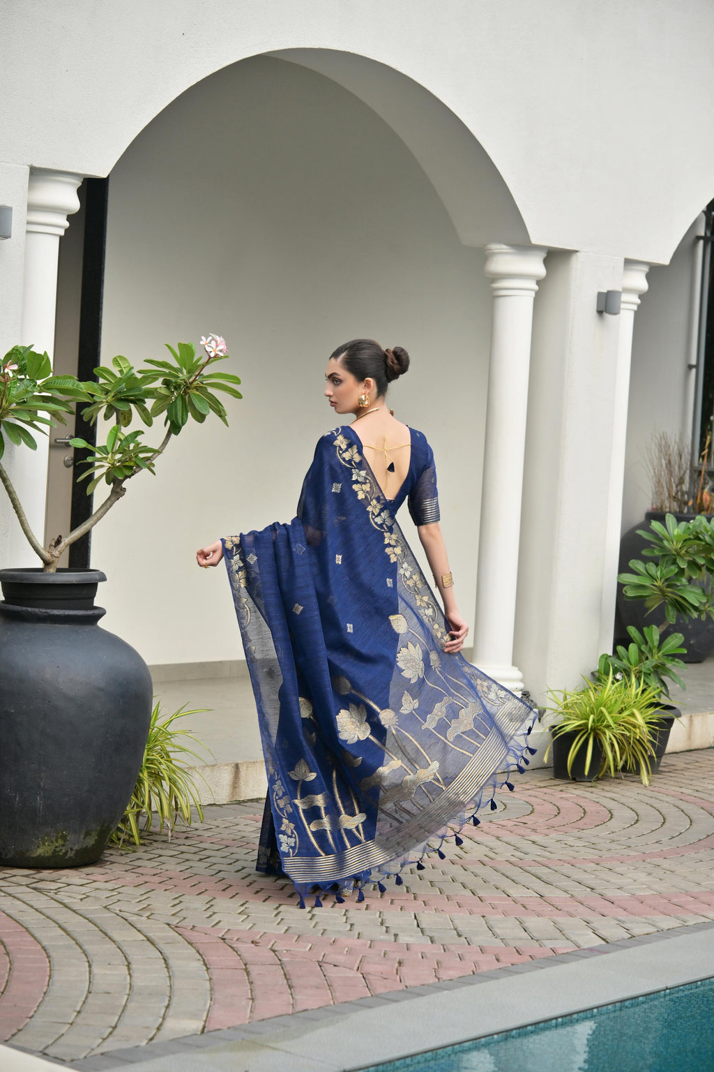 Navy Blue Soft Jute Linen Silk Zari Woven Saree with Blouse
