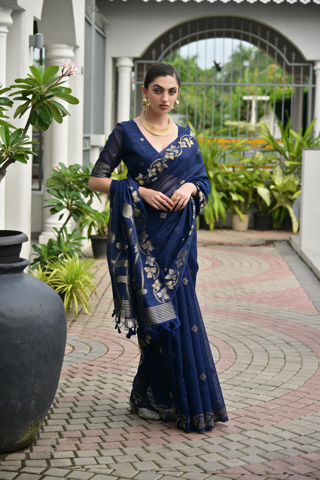 Navy Blue Soft Jute Linen Silk Zari Woven Saree with Blouse