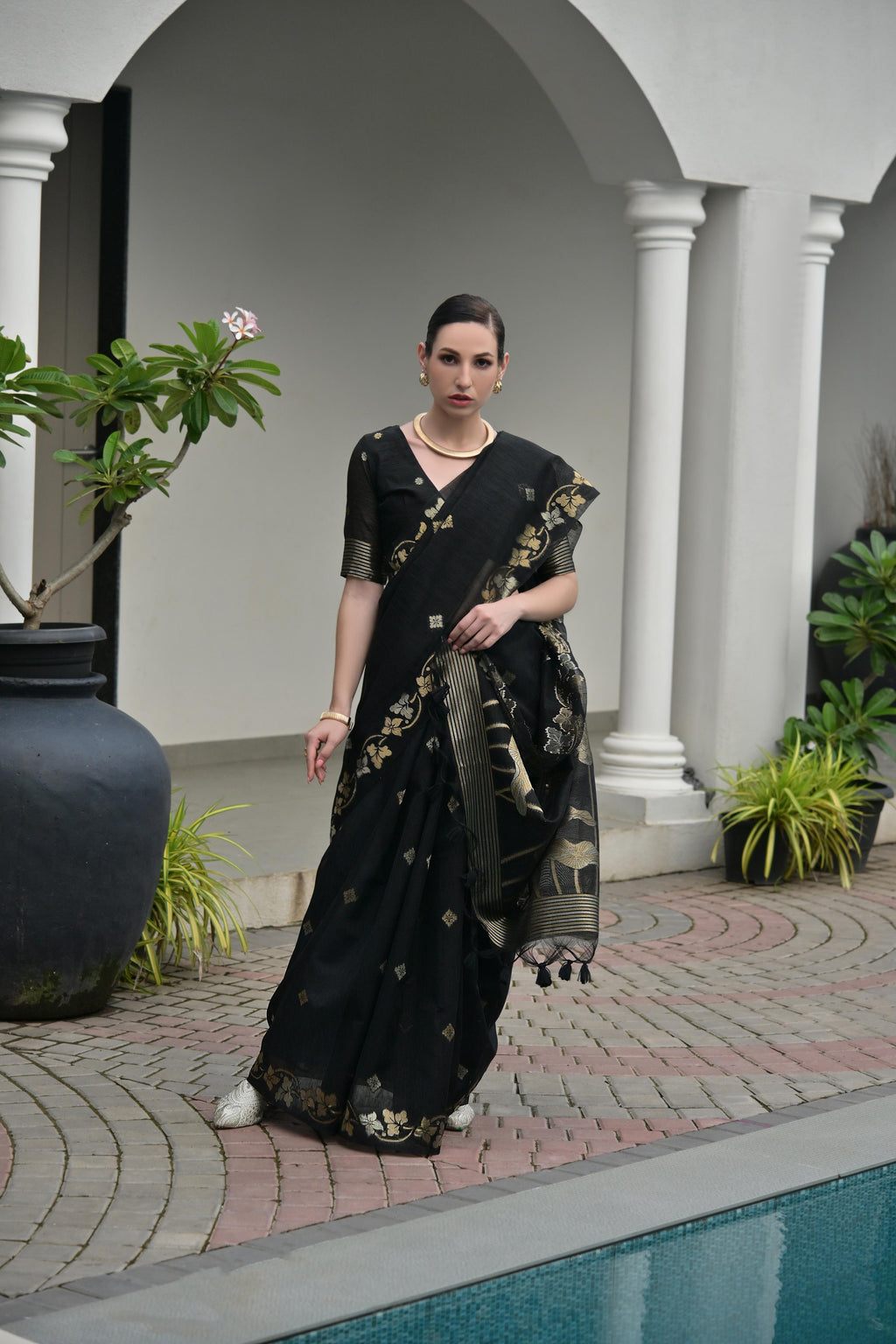 Black Soft Jute Linen Silk Zari Woven Saree with Blouse