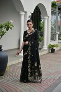 Black soft jute linen silk saree with Zari woven details and matching blouse
