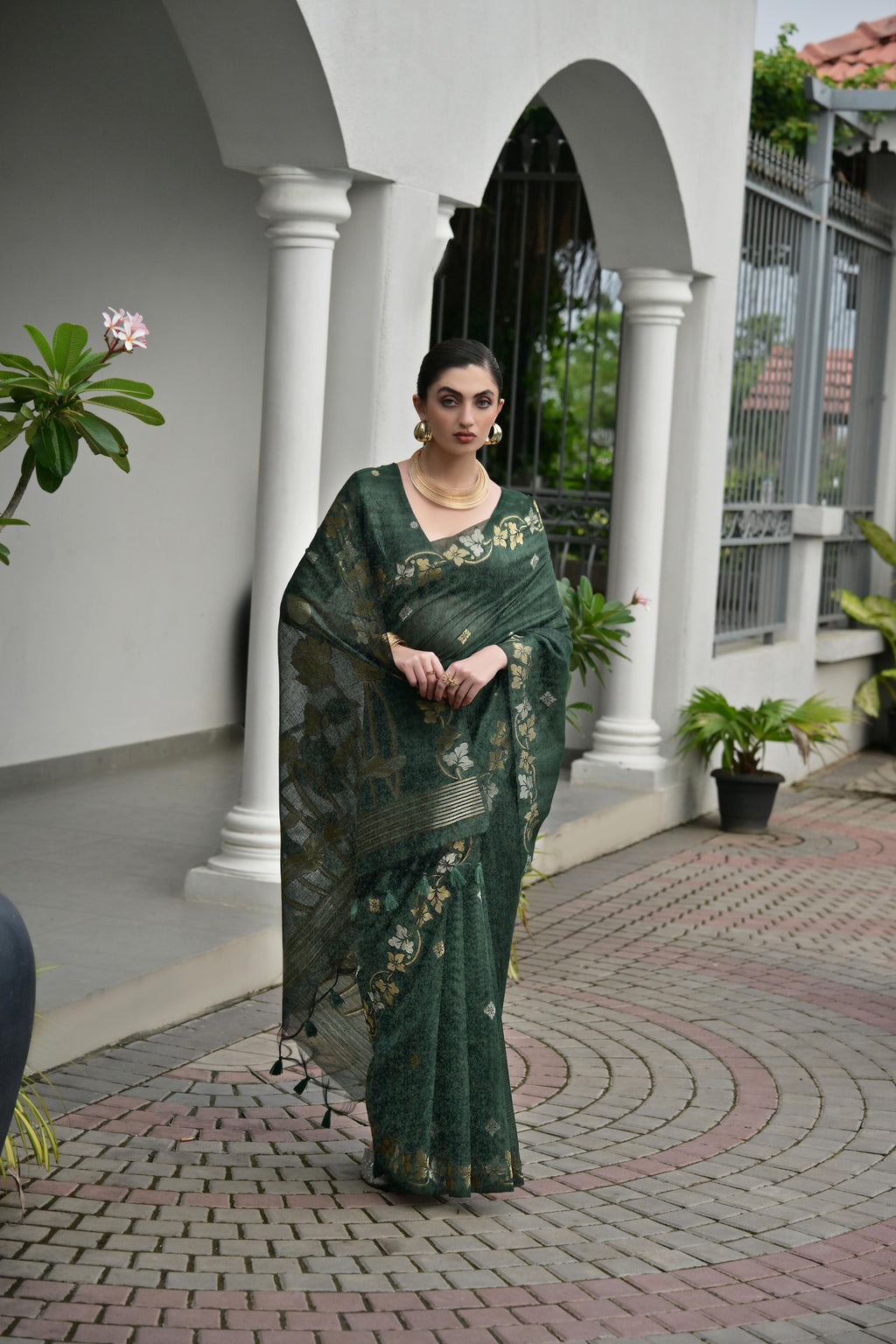 Bottle Green Soft Jute Linen Silk Zari Woven Saree with Blouse