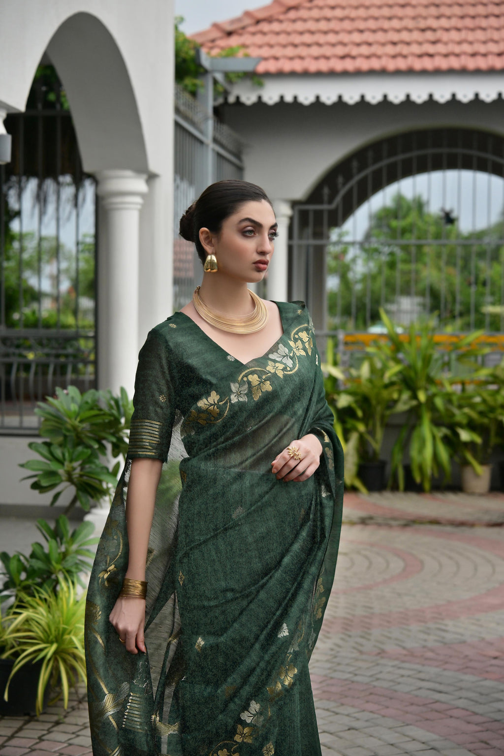 Bottle Green Soft Jute Linen Silk Zari Woven Saree with Blouse