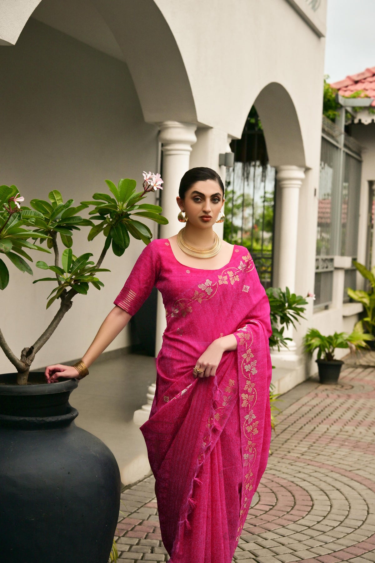 Pink Soft Jute Linen Silk Saree with Zari Woven Border