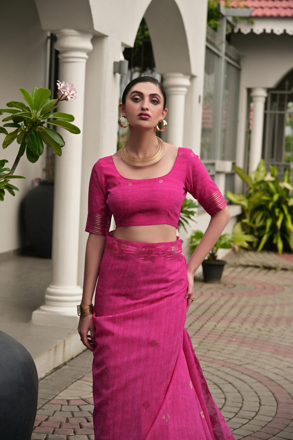 Pink Soft Jute Linen Silk Saree with Zari Woven Border