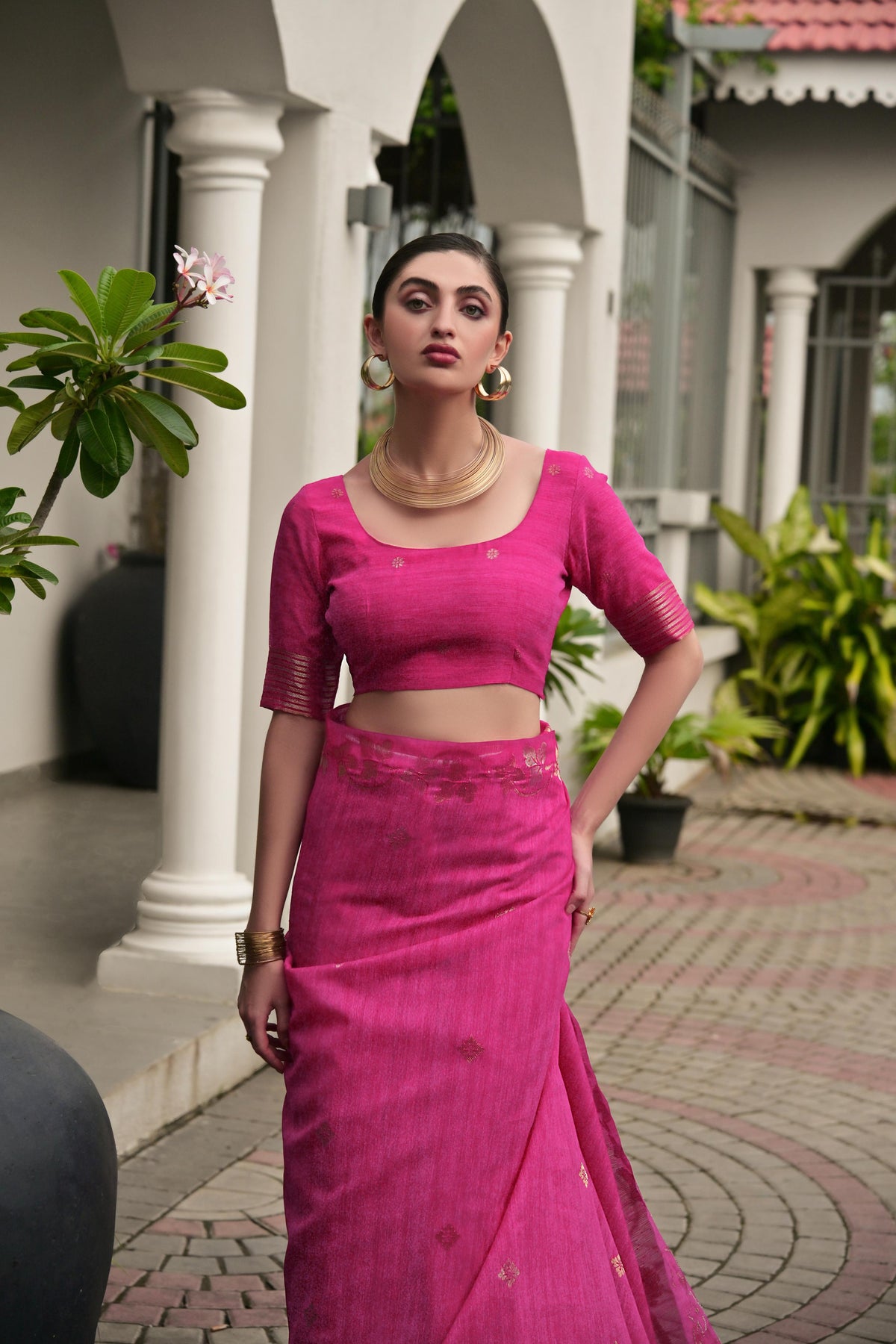 Pink Soft Jute Linen Silk Saree with Zari Woven Border