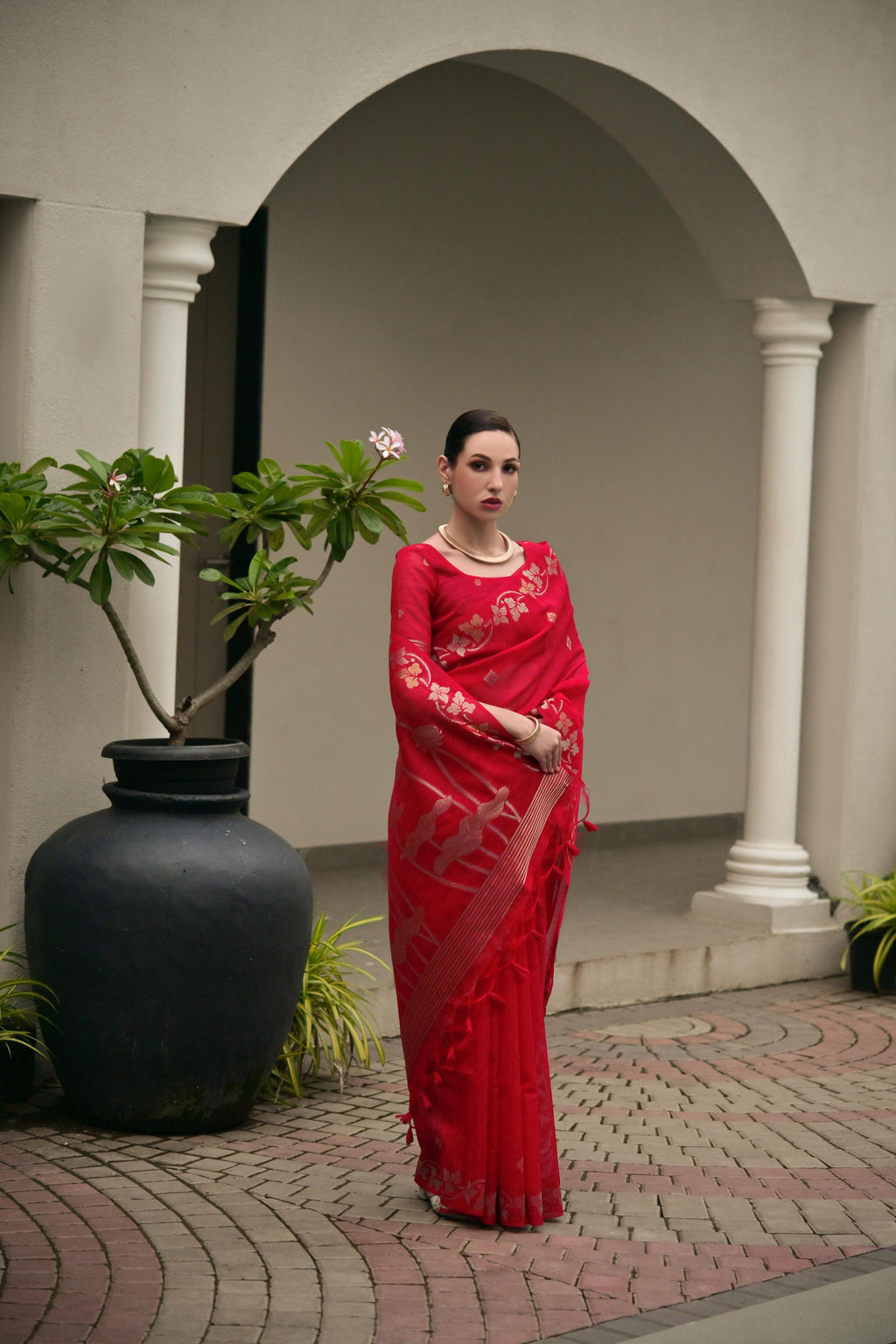 Red Soft Jute Linen Silk Zari Woven Saree with Blouse
