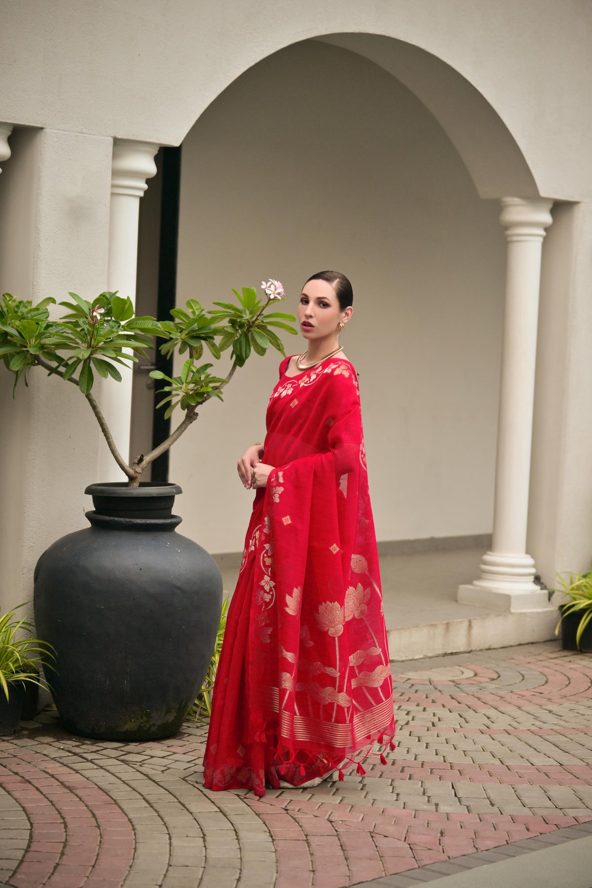 Red Soft Jute Linen Silk Zari Woven Saree with Blouse