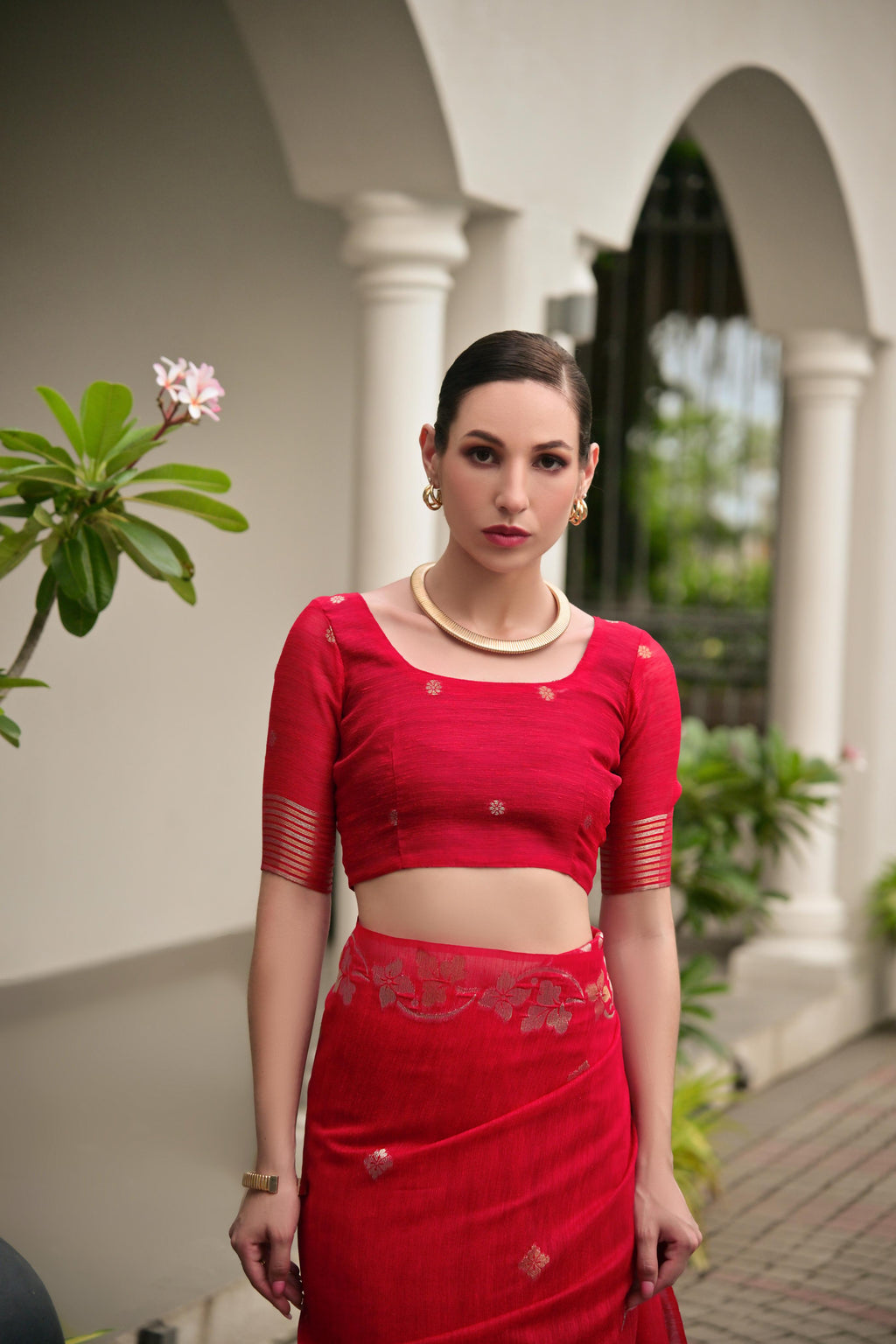 Red Soft Jute Linen Silk Zari Woven Saree with Blouse