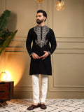 Boys black Armani Lachka kurta with sequins embroidery and matching pajama