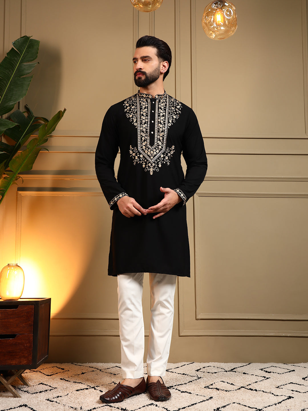Boys black Armani Lachka kurta with sequins embroidery and matching pajama