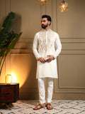 Boys white Armani Lachka kurta with sequins embroidery and matching pajama