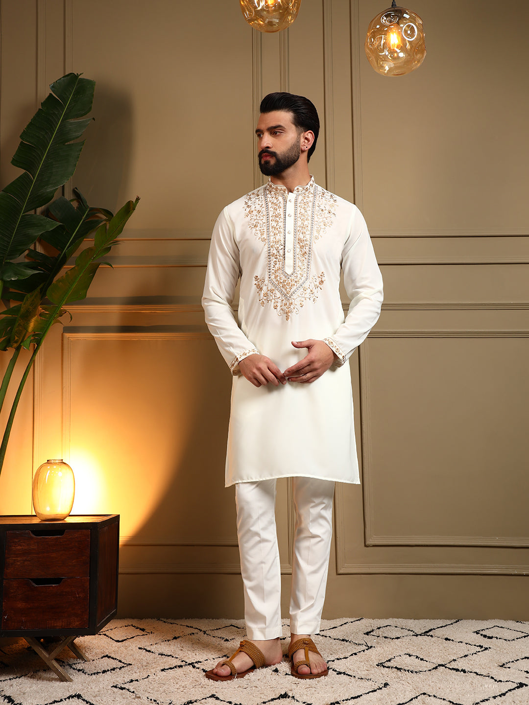Boys white Armani Lachka kurta with sequins embroidery and matching pajama