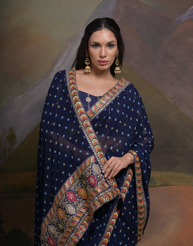 Jyoti Fashion Women's Navy Blue Coding Sequence Georgette Saree with Blouse