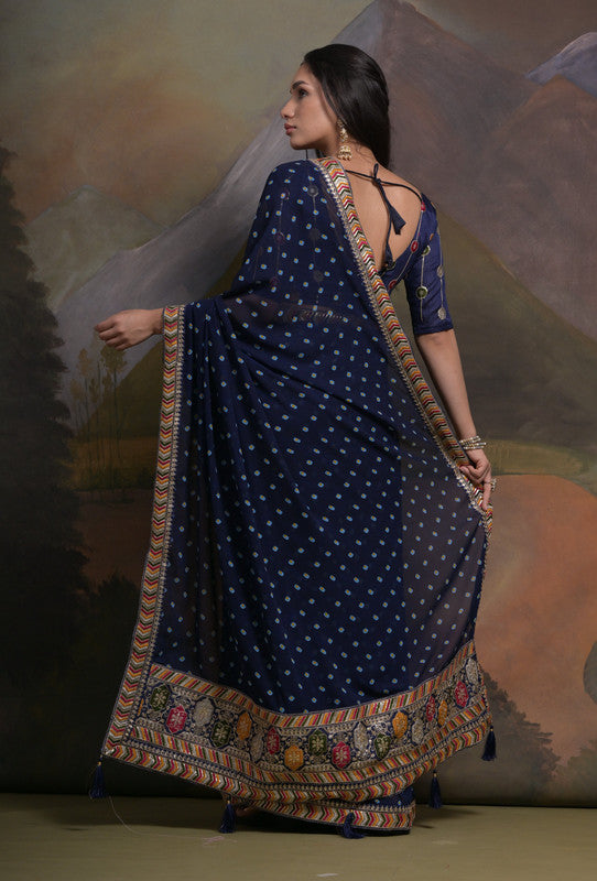Jyoti Fashion Women's Navy Blue Coding Sequence Georgette Saree with Blouse
