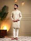 Men's Cream Royal Silk Sequins Embroidered Kurta with Pajama Set