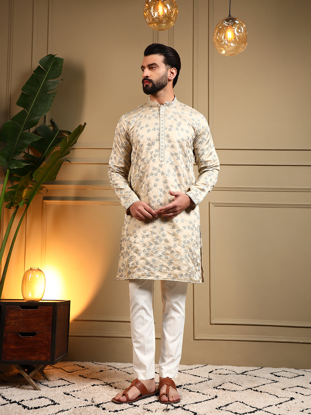 Men's Cream Royal Silk Sequins Embroidered Kurta with Pajama Set