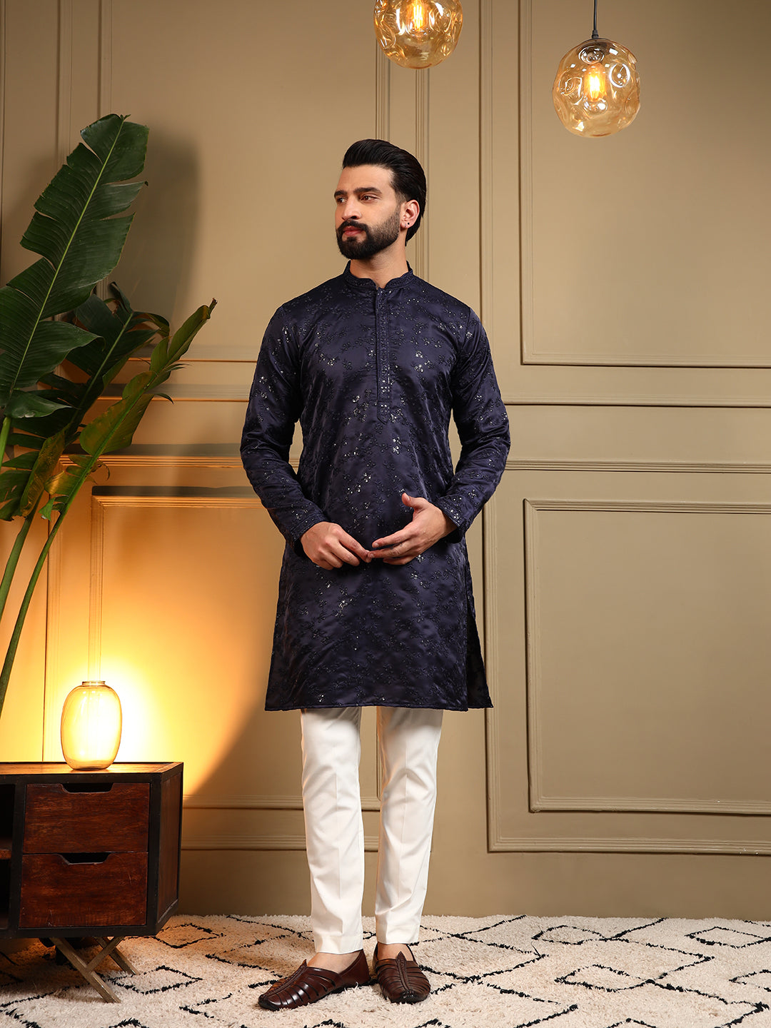 Navy Blue Royal Silk Sequin Embroidered Kurta Pajama Set